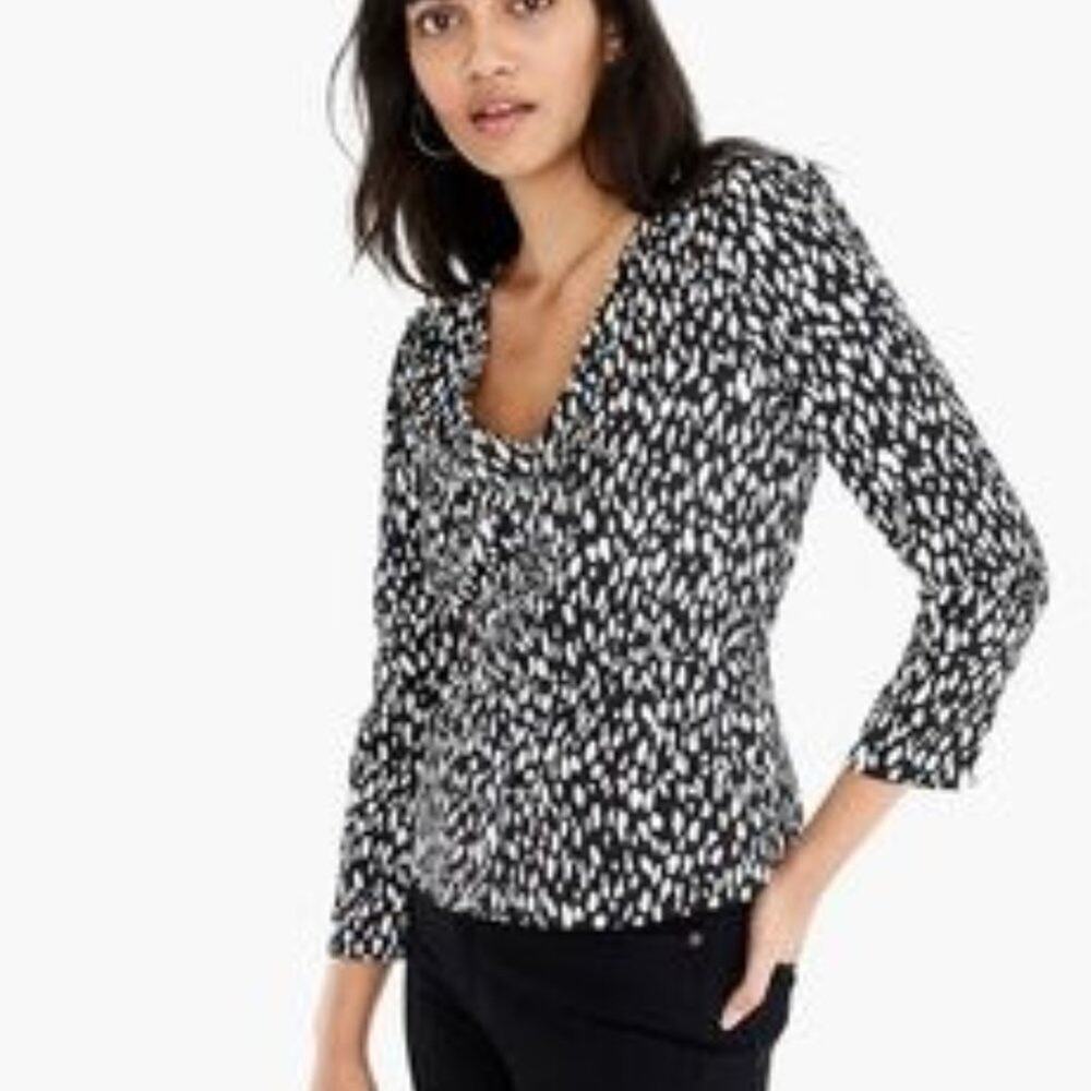 J. Crew Peplum Waist Satin Crepe Blouse Top Black White Print Size 2